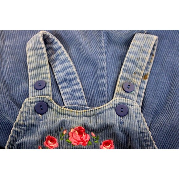 VTG Oshkosh Blue Corduroy Overalls Bubble Romper Girls 18 months Flowers Winter - Picture 9 of 11